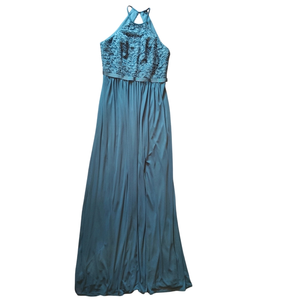 David's Bridal Blue Halter Full LengthDress